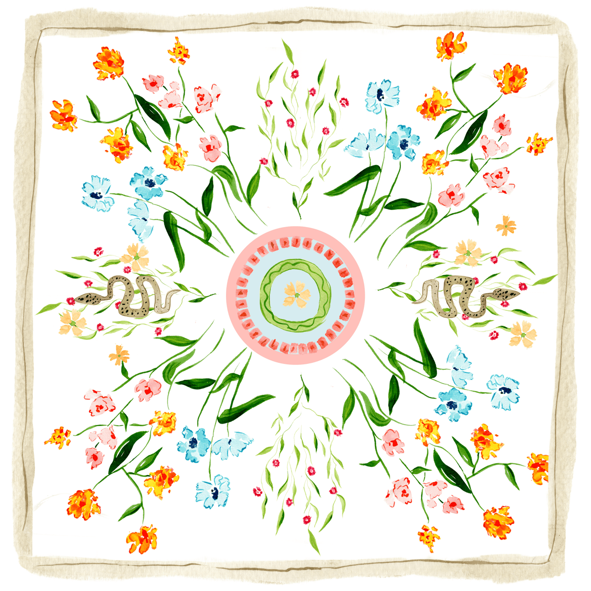 Eden silk scarf with watercolor floral and snake print by Purple Pecan Creative