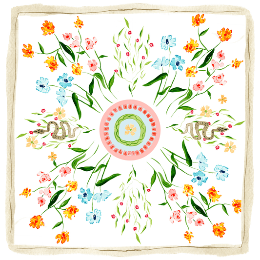 Eden silk scarf with watercolor floral and snake print by Purple Pecan Creative